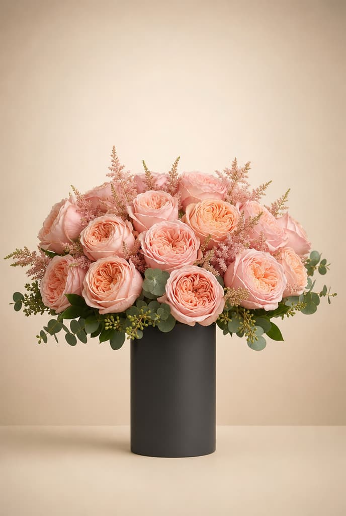 Blush peach garden roses with pink astilbe and eucalyptus in a matte black vase