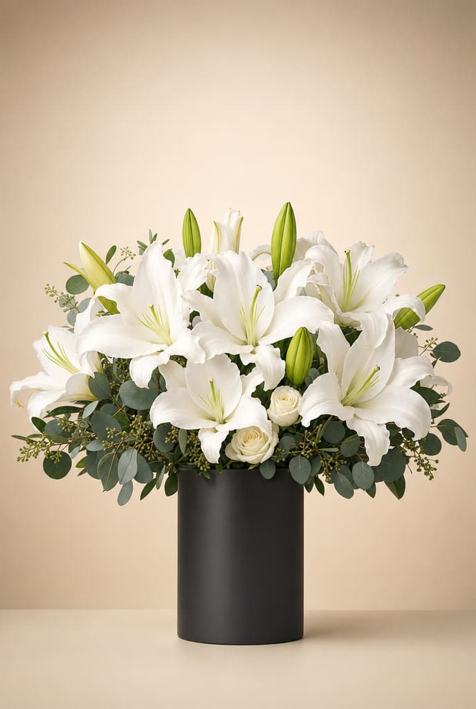 White Casablanca lilies with white roses and eucalyptus in a matte black vase