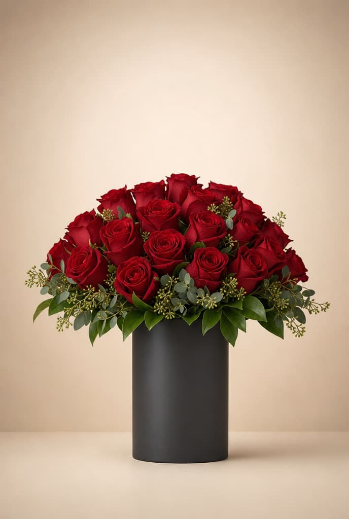 Bouquet of deep red roses with seeded eucalyptus in a matte black cylindrical vase