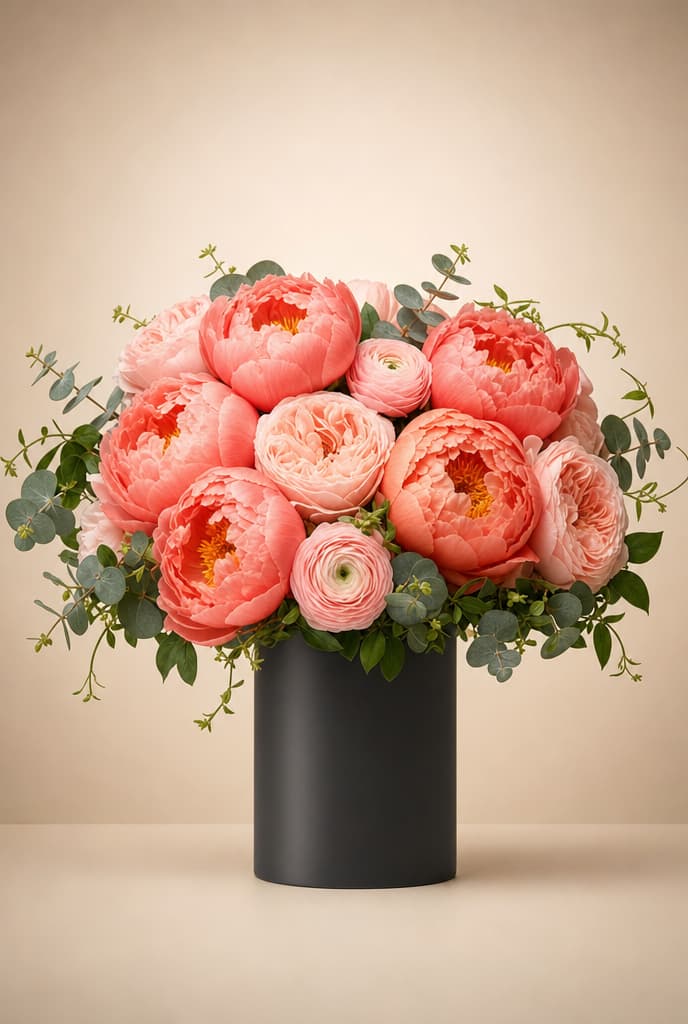 Coral peonies with blush garden roses and pink ranunculus in a matte black vase