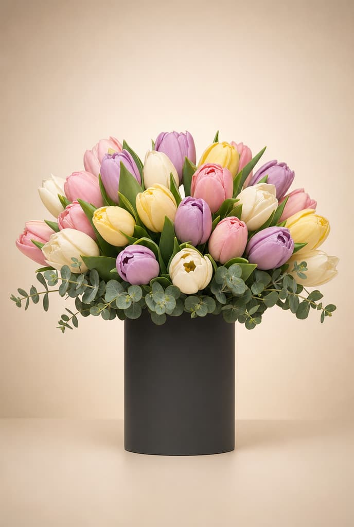 Pastel tulips in pink, lavender, yellow and cream with eucalyptus in a black vase