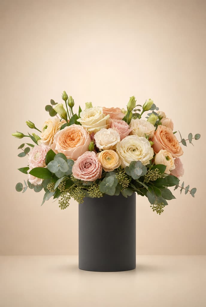 Peach and cream bouquet of garden roses, ranunculus and lisianthus with eucalyptus in a black vase