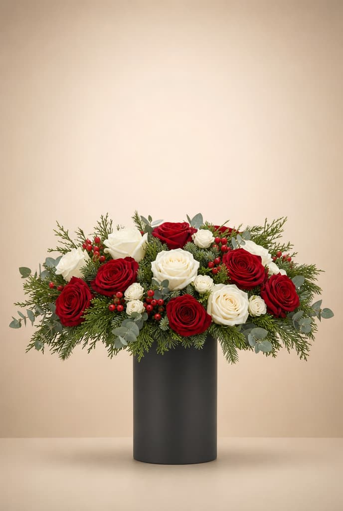 Holiday arrangement of red and white roses with red berries and evergreen sprigs in a black vase