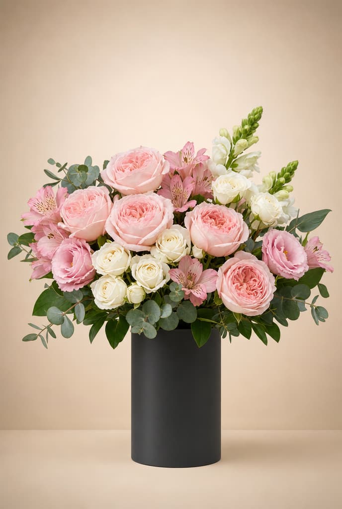 Bouquet of pink garden roses, white spray roses, pink alstroemeria and snapdragons in a black vase