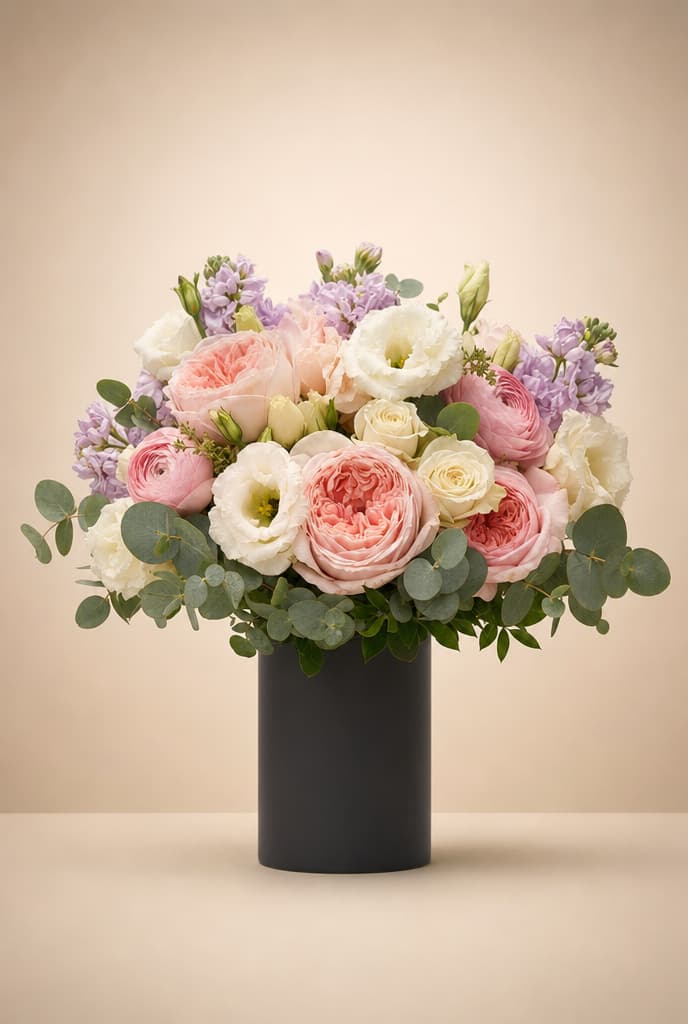 Pastel bouquet of pink garden roses, cream lisianthus and lavender stock with eucalyptus in a matte black vase