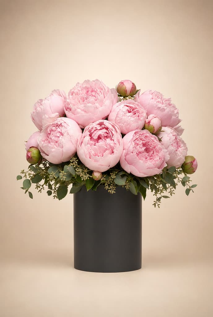 Full pink peonies with buds and seeded eucalyptus in a matte black cylinder vase