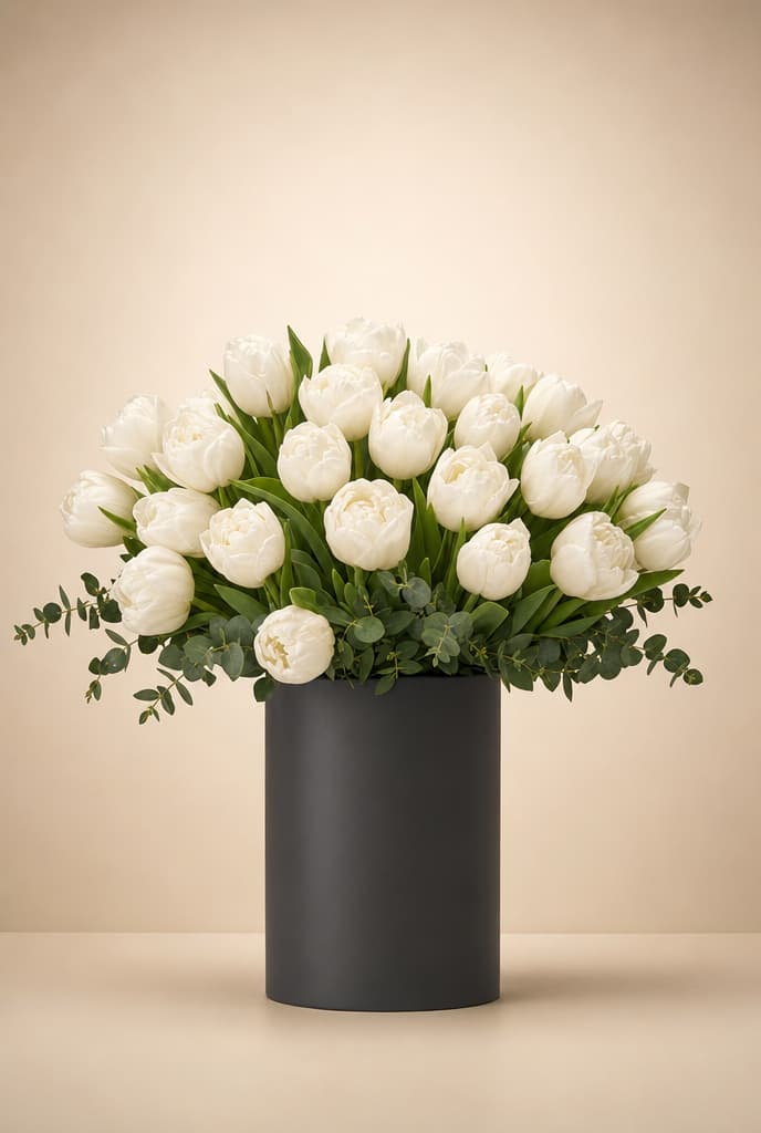 Bouquet of pure white tulips with eucalyptus in a matte black cylindrical vase