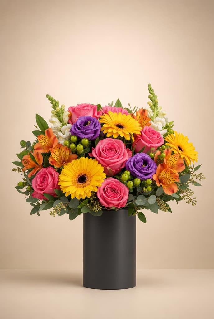 Bright mixed bouquet of pink roses, yellow gerbera daisies and purple lisianthus in a black vase
