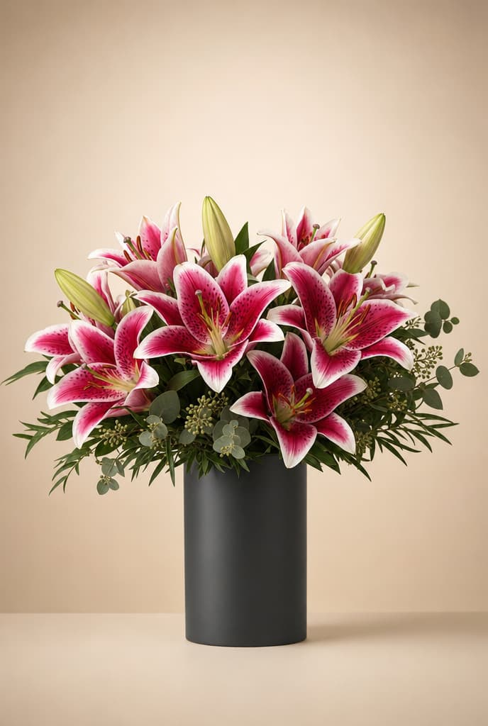 Pink Stargazer lilies with white-edged petals and greenery in a matte black vase