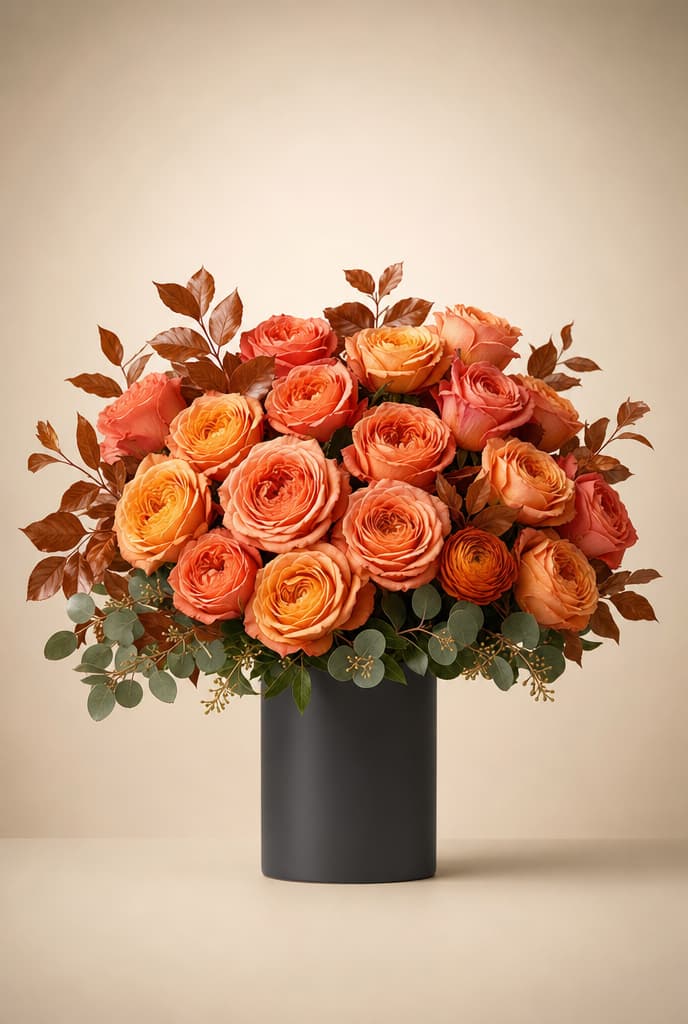 Coral and orange garden roses with bronze autumn foliage in a matte black vase