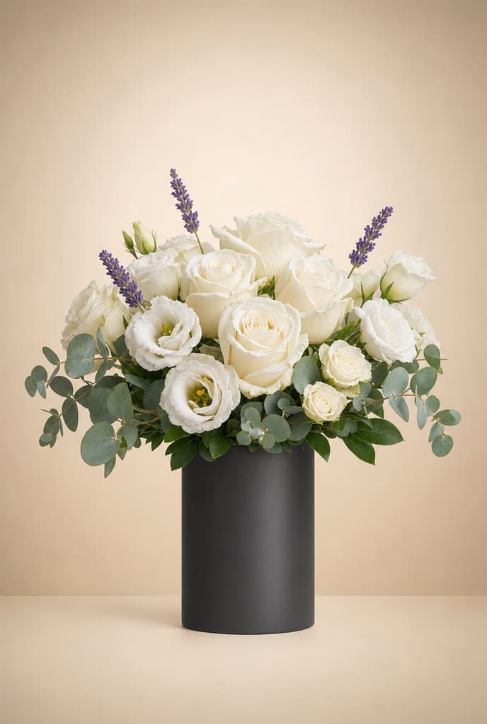 White roses and lisianthus with lavender sprigs and eucalyptus in a matte black vase