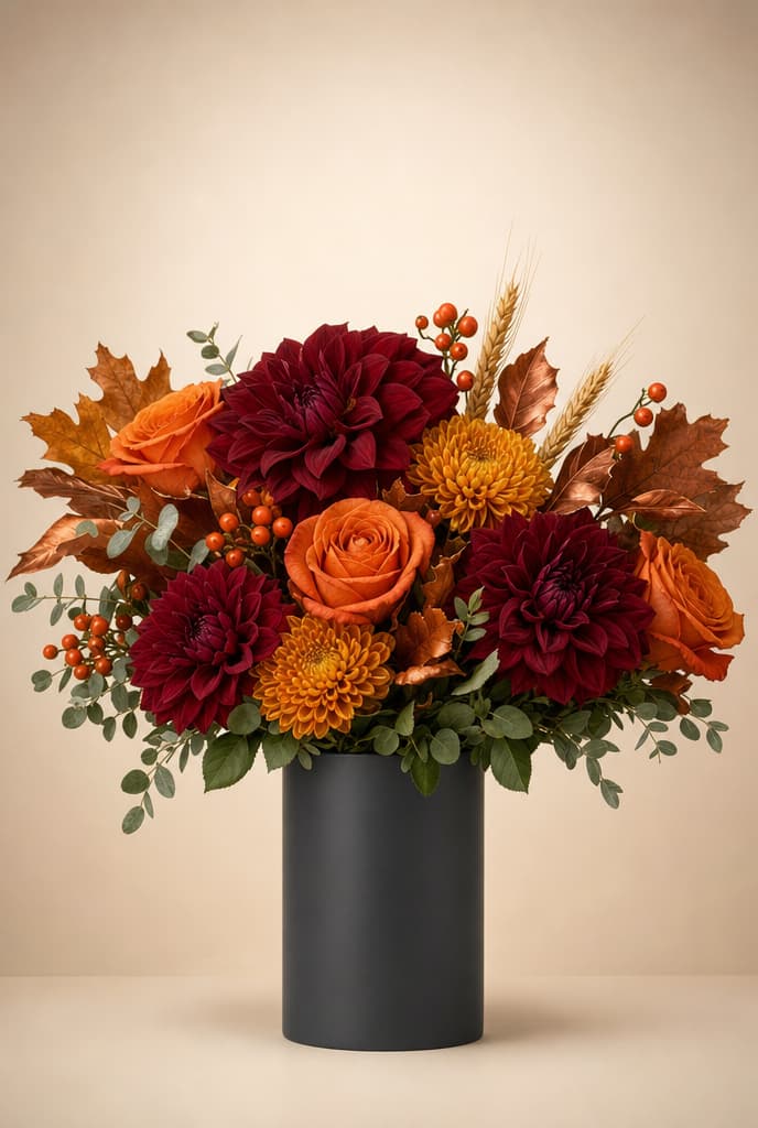 Autumn bouquet of burgundy dahlias, orange roses, gold mums, wheat and fall leaves in a black vase