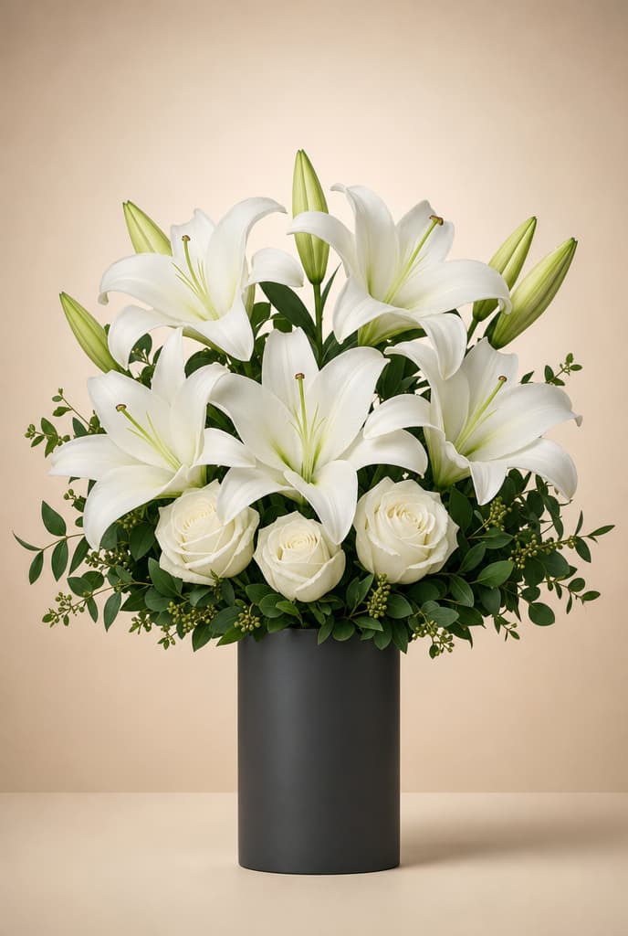White Oriental lilies and white roses with lush greenery in a black cylindrical vase