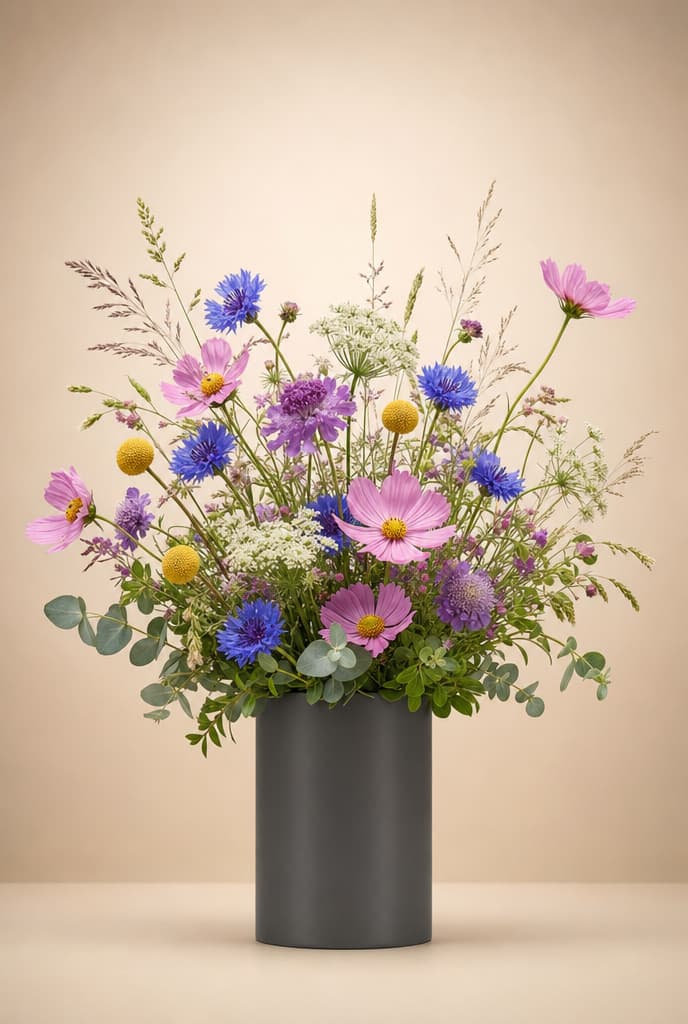 Wildflower bouquet of pink cosmos, blue cornflowers, yellow billy balls and grasses in a black vase