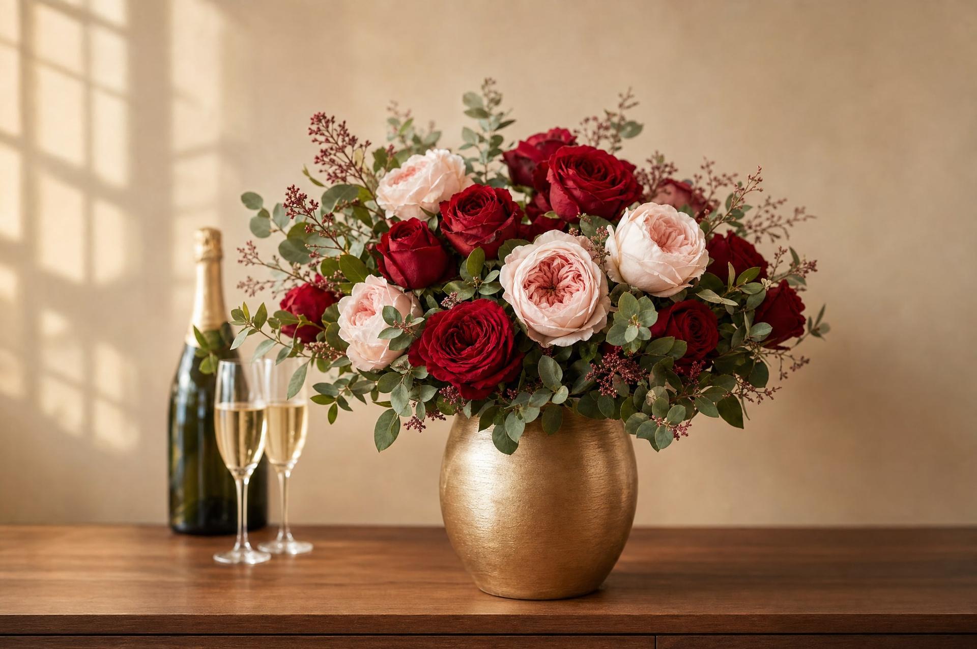 Red and blush garden rose anniversary bouquet with champagne and two flutes