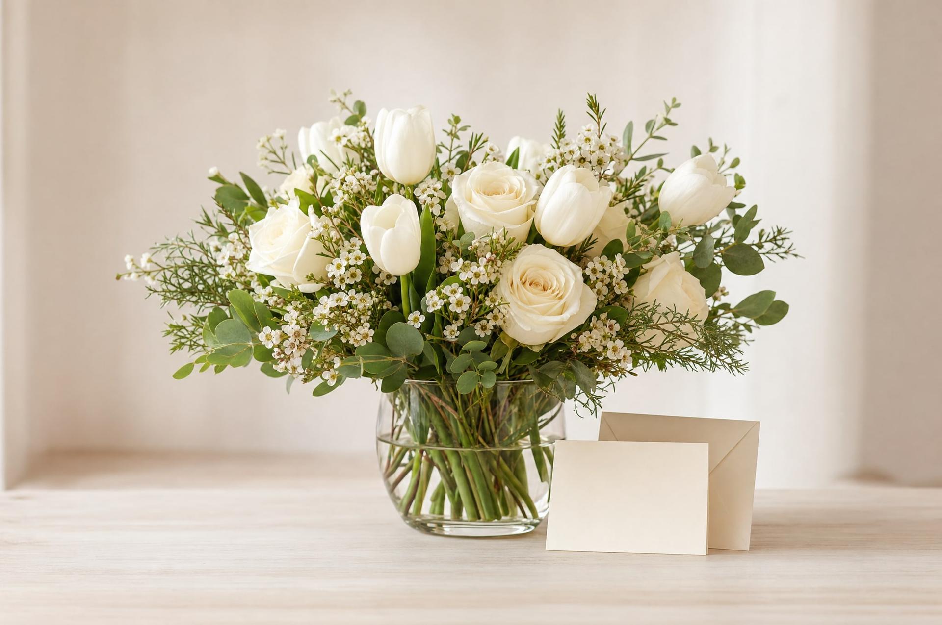 White tulips and cream roses with waxflower in a glass vase, a blank notecard and envelope