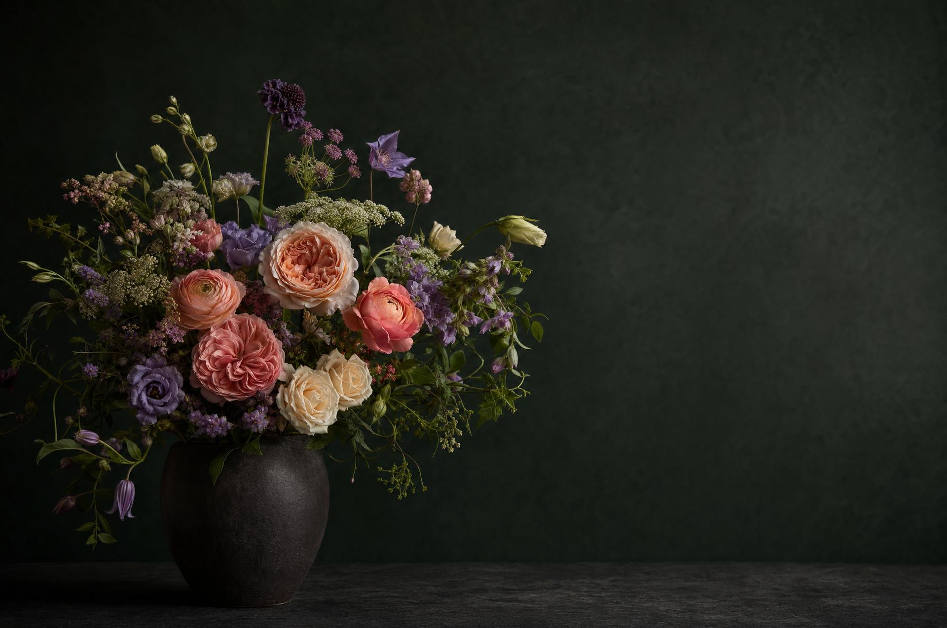 Lush mixed bouquet of peach garden roses, coral ranunculus, cream roses and purple lisianthus in a dark stone vase