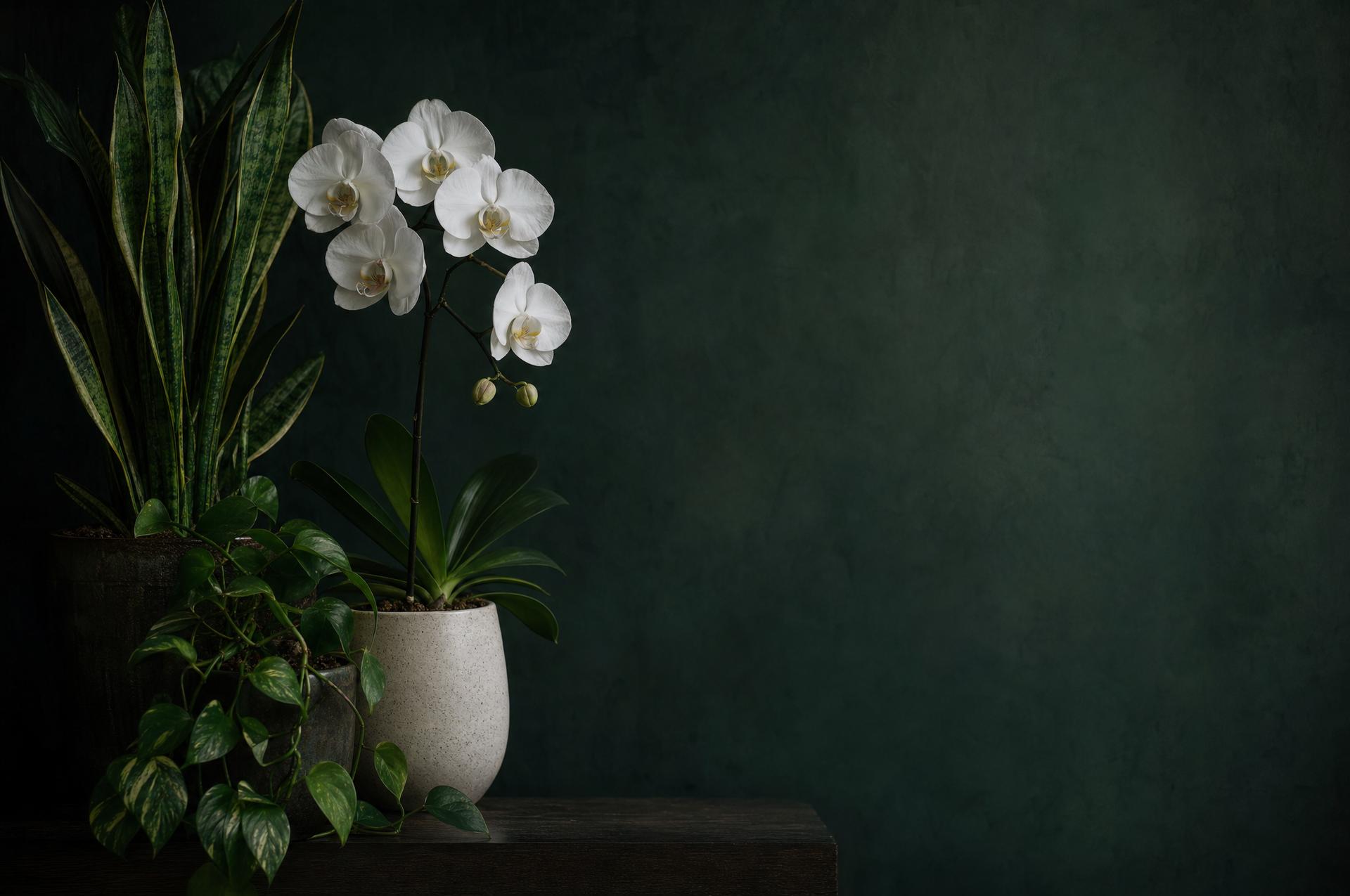 White phalaenopsis orchid in a speckled ceramic pot with a snake plant and trailing pothos against a dark green backdrop