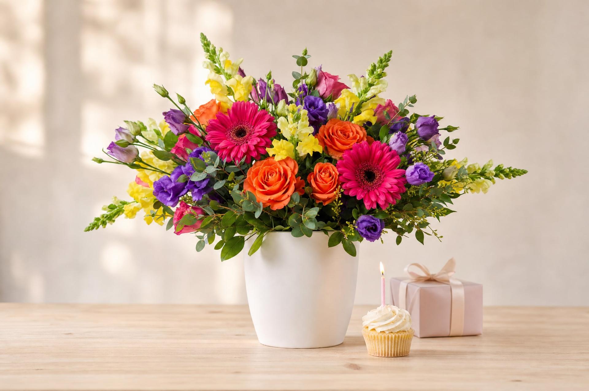 Colourful birthday bouquet of gerberas, roses and snapdragons with a cupcake and lit candle