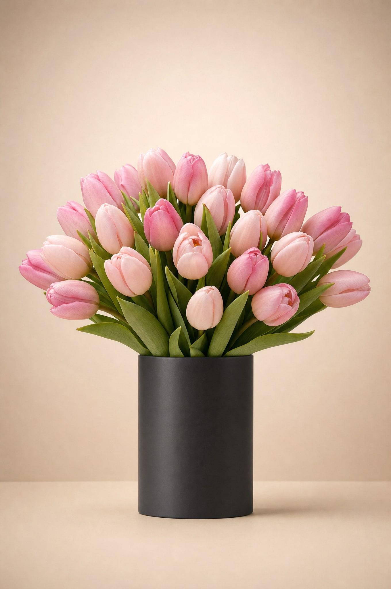 Blush and soft-pink tulips arranged in a black cylinder vase