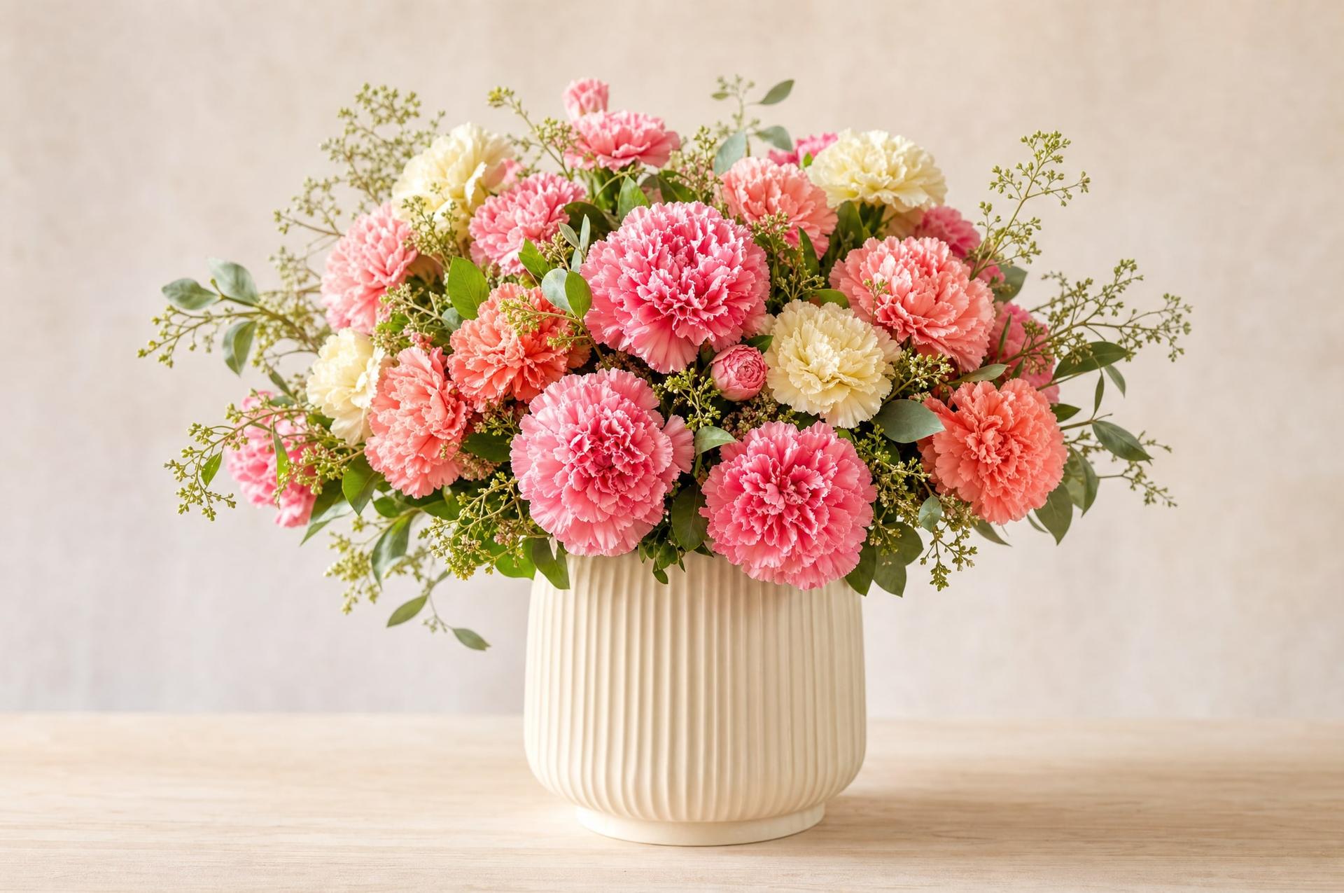 Pink, coral and cream carnation arrangement in a fluted cream vase