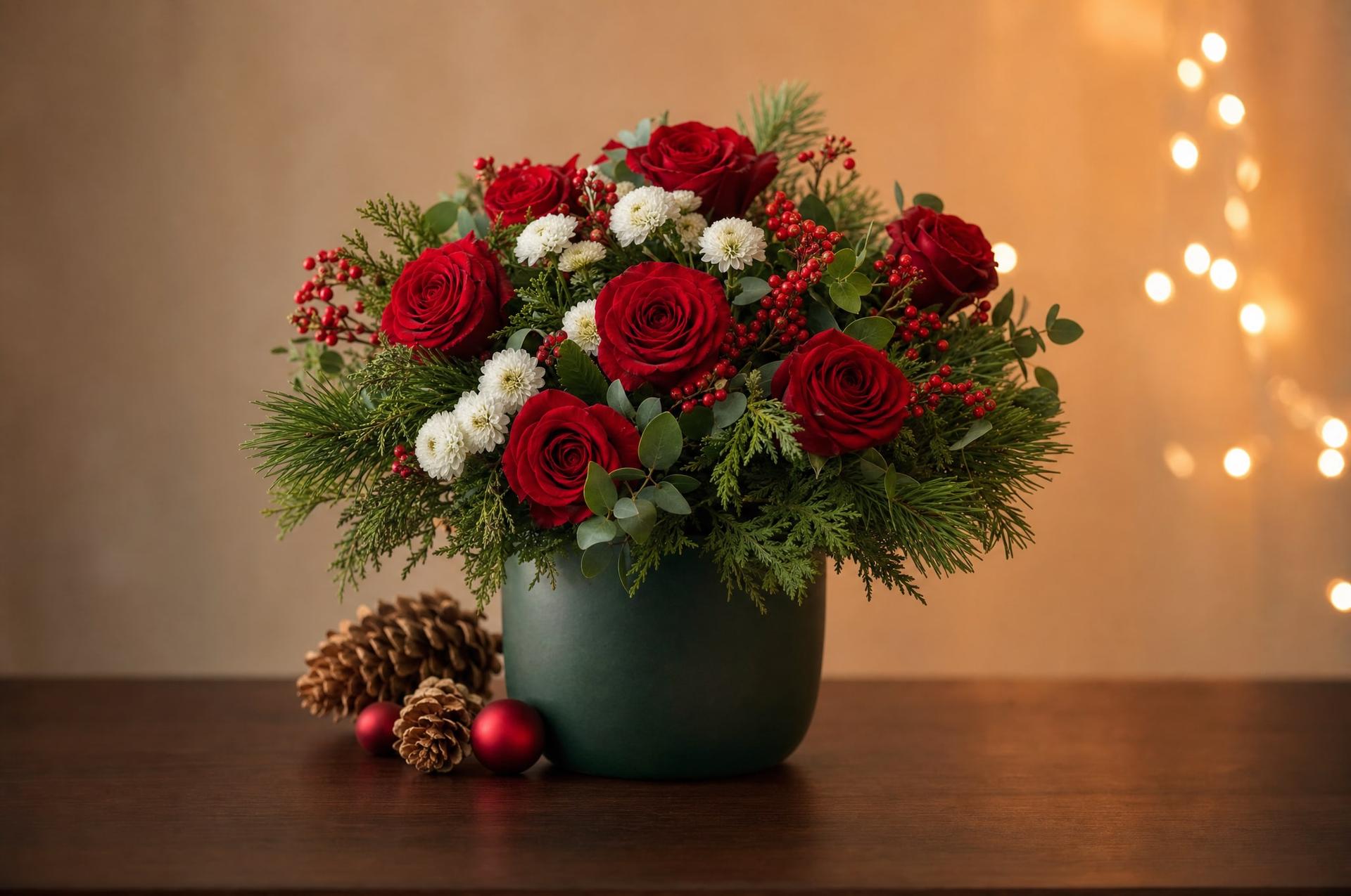 Festive red rose, chrysanthemum and pine Christmas arrangement with pinecones and baubles