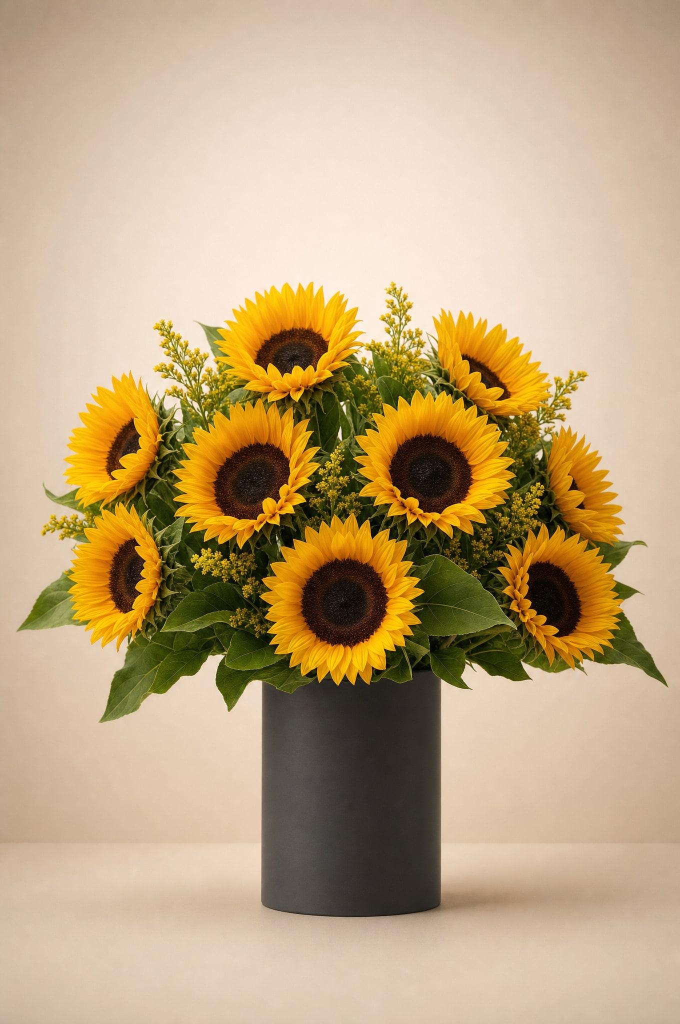 Bright yellow sunflowers with goldenrod and green foliage in a black cylinder vase