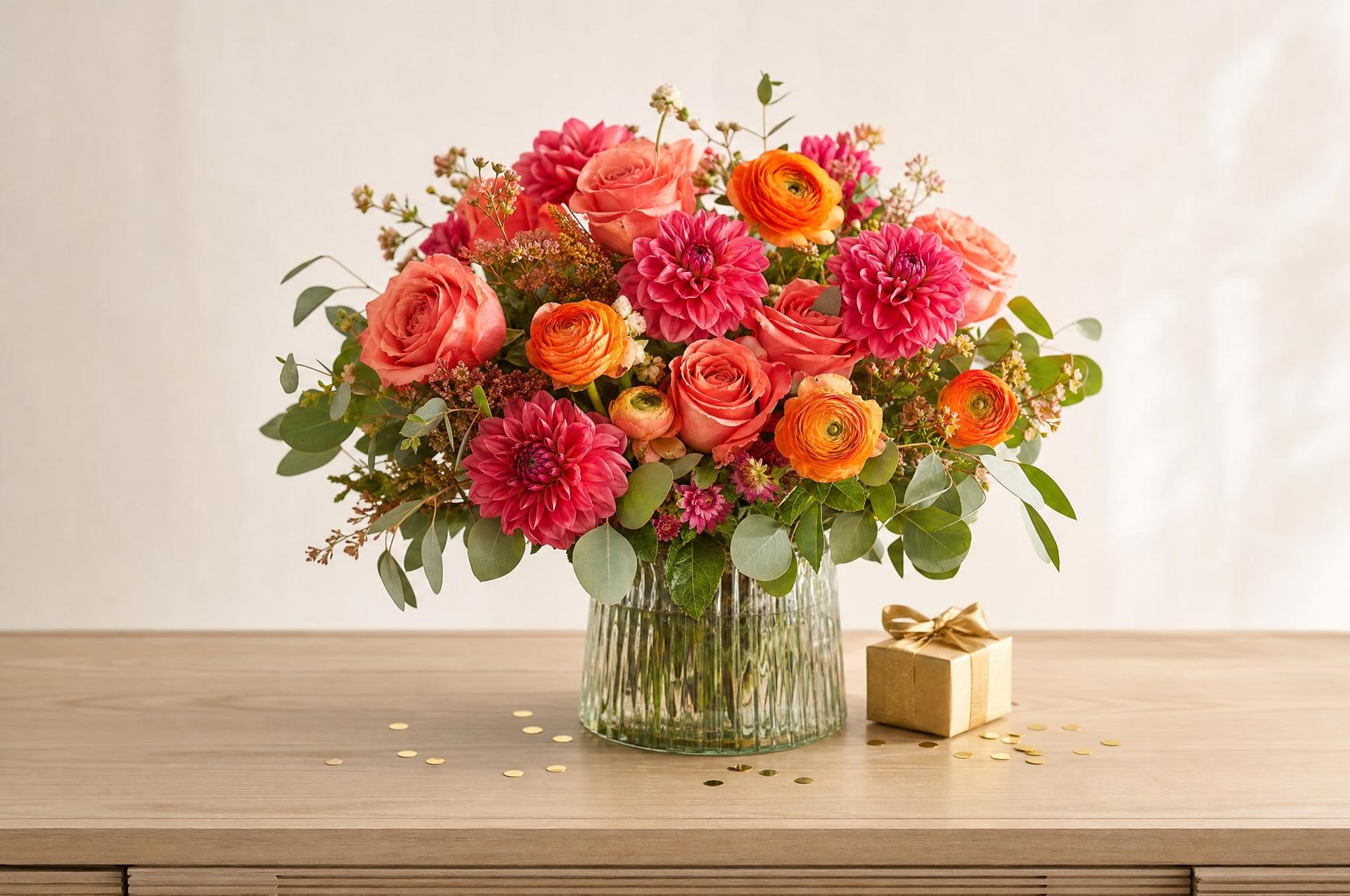 Coral rose, pink dahlia and orange ranunculus congratulations bouquet with a gold gift box and confetti