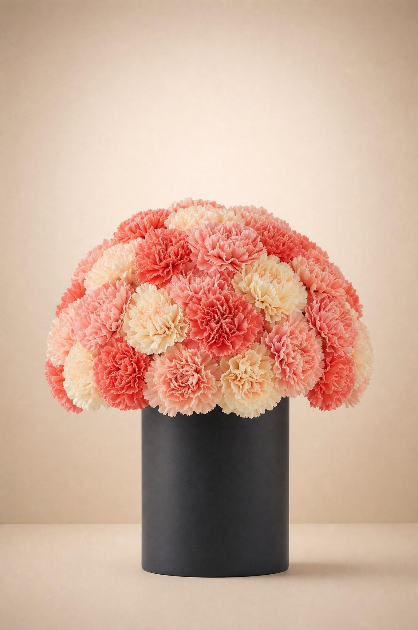 Coral, peach and cream carnations massed into a dense ruffled dome in a black vase