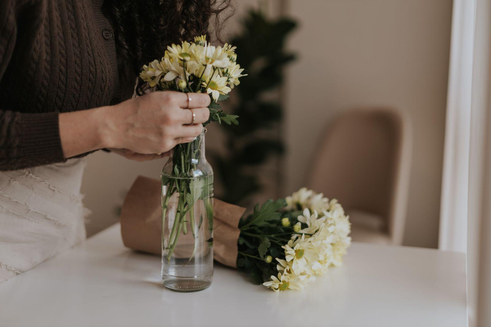 Hands arranging white daisy chrysanthemums in a clear glass bottle of water