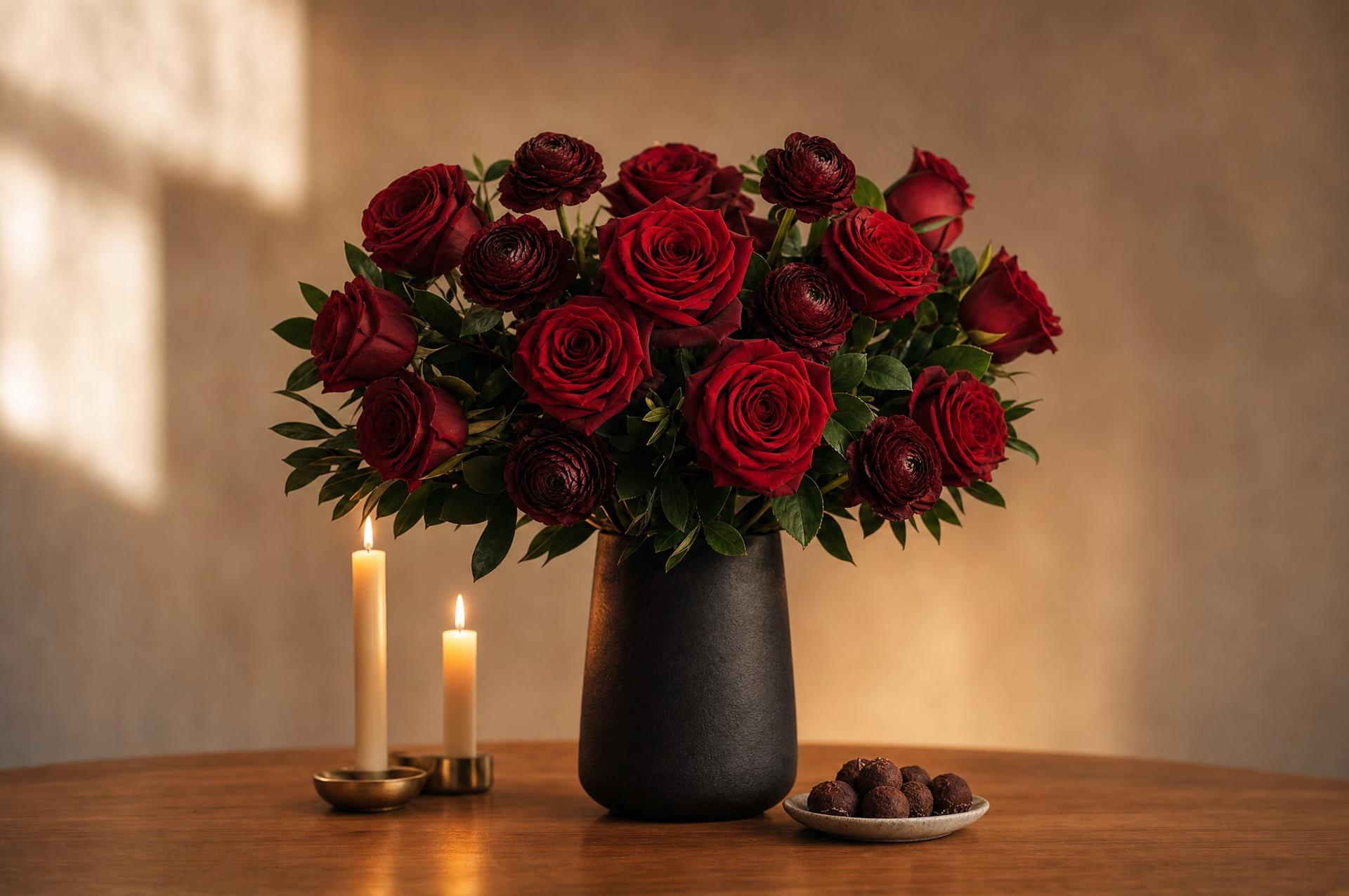 Deep red rose and burgundy ranunculus bouquet in a black vase with lit candles and chocolate truffles for a date night in