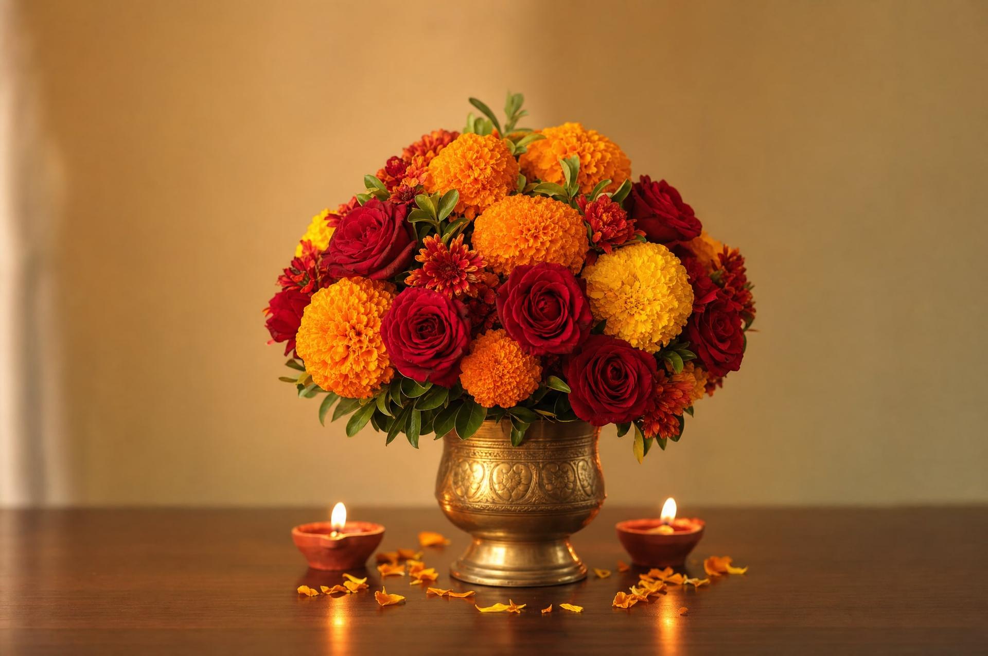 Marigold and red rose Diwali arrangement in a brass urn with lit diya lamps