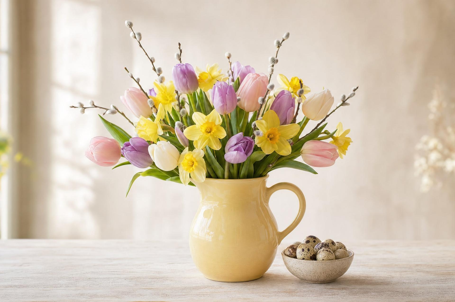 Pastel Easter bouquet of tulips, daffodils and pussy willow in a yellow jug with speckled eggs