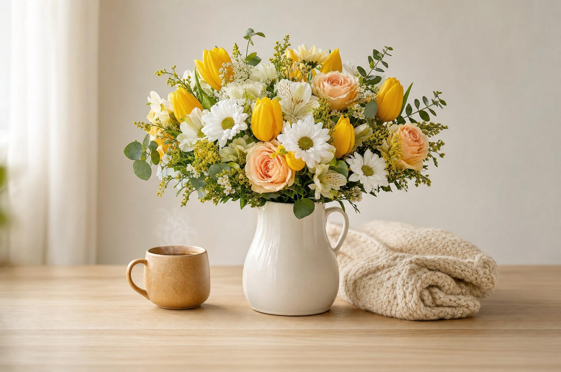 Cheerful yellow tulip and daisy get-well bouquet in a white jug beside a mug of tea