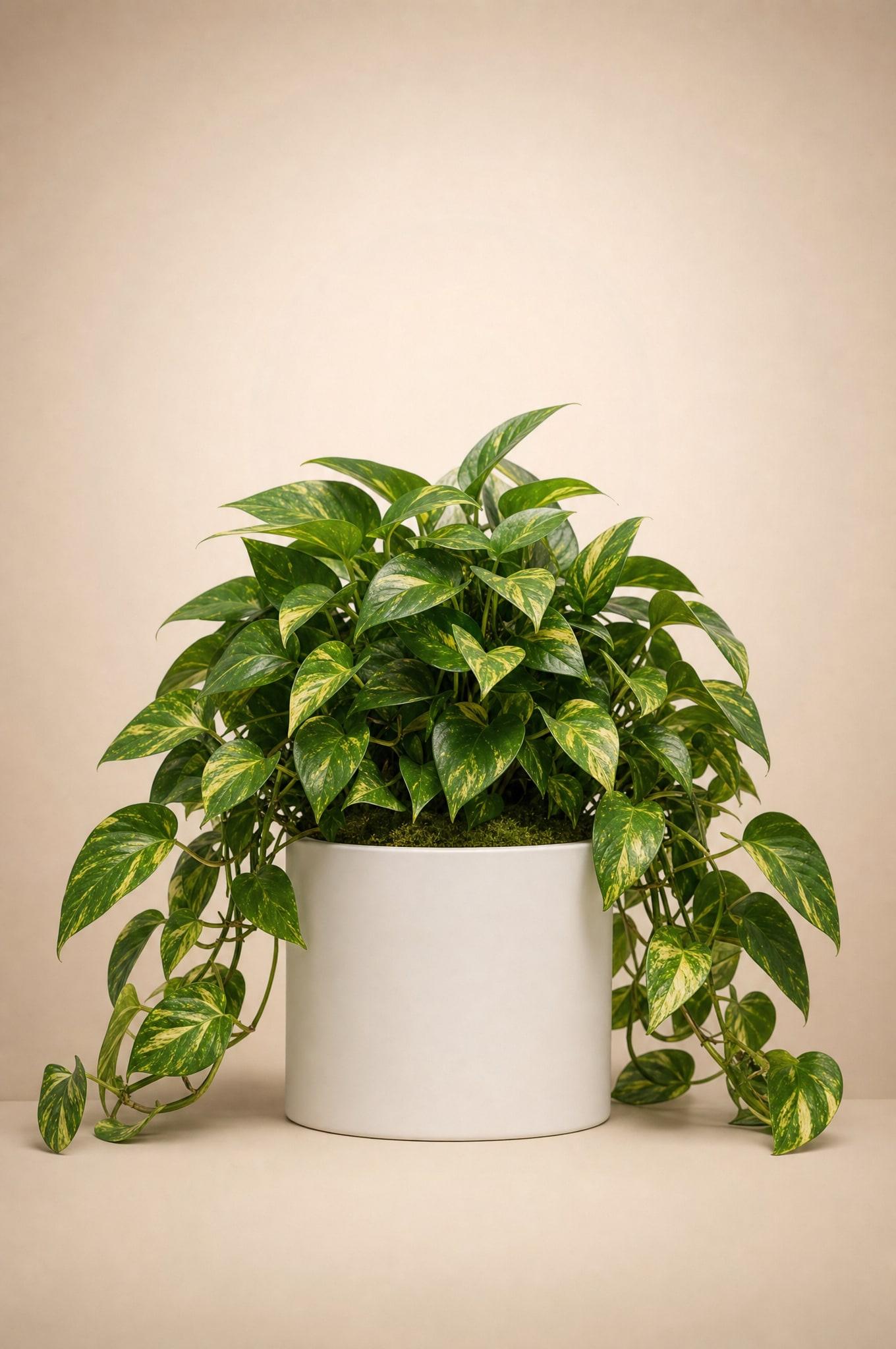 Golden pothos with variegated green-and-yellow leaves trailing from a matte white pot