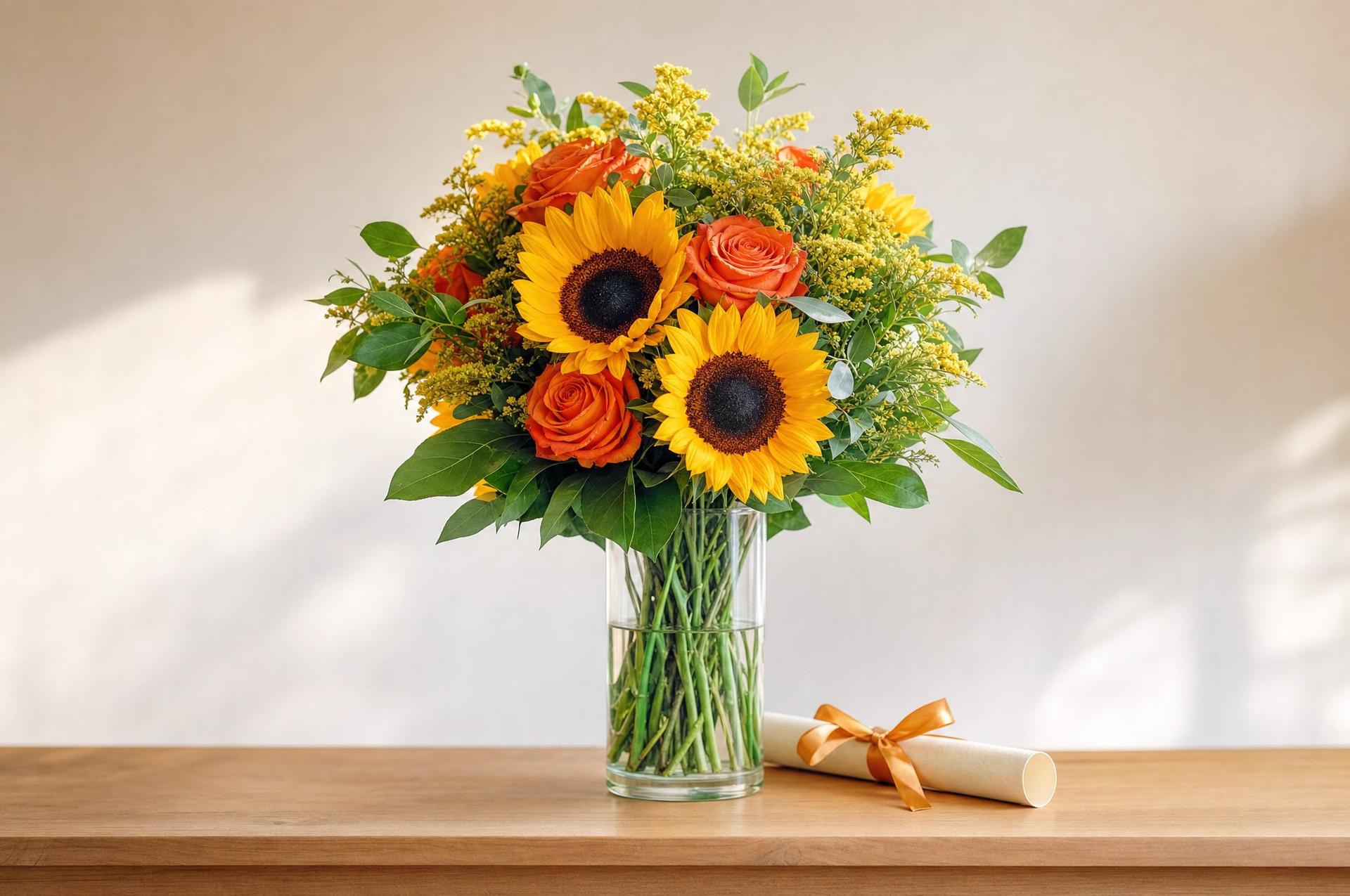 Sunflower and orange rose graduation bouquet with a ribbon-tied diploma scroll