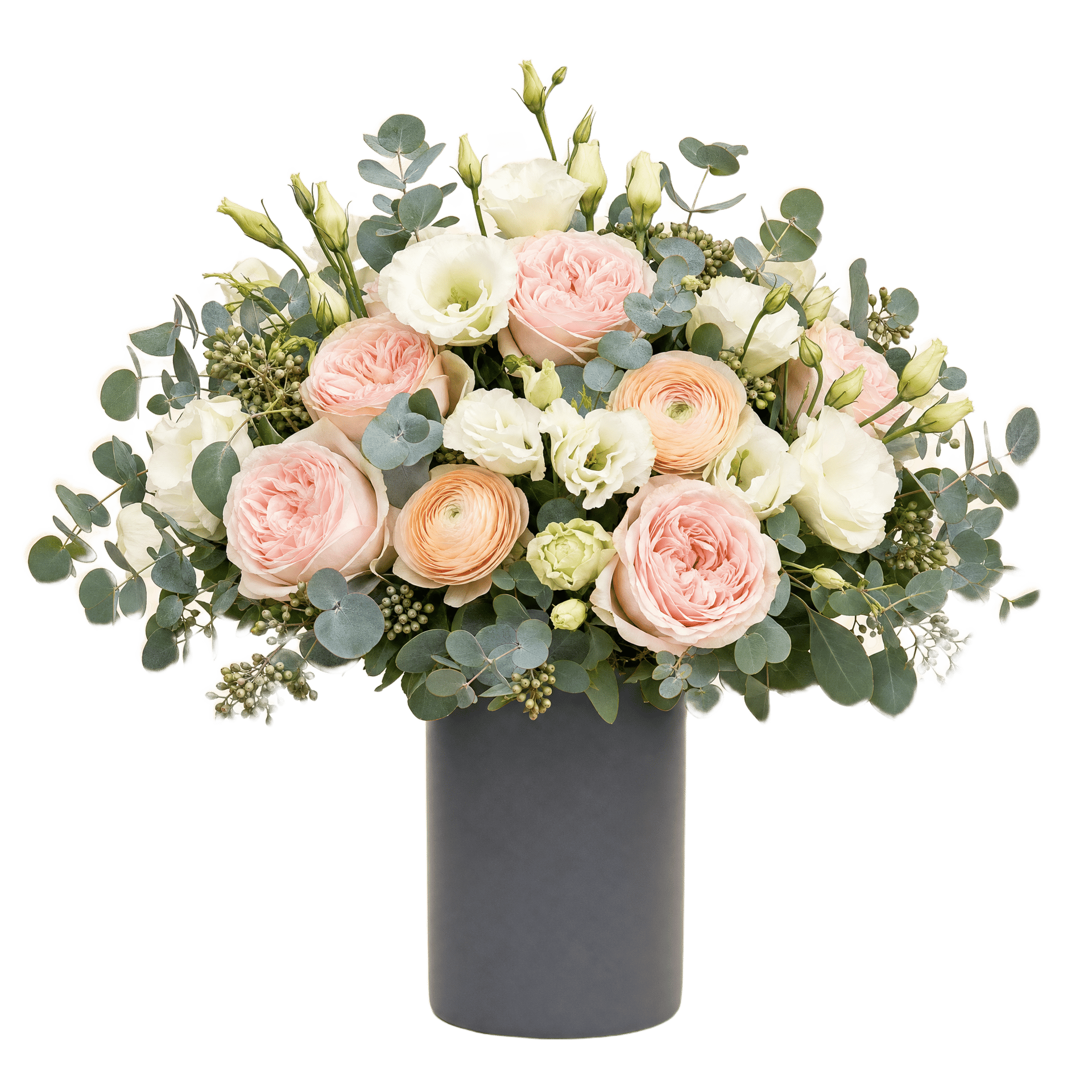 Hand-tied bouquet of blush garden roses, white lisianthus, peach ranunculus and eucalyptus in a charcoal ceramic vase