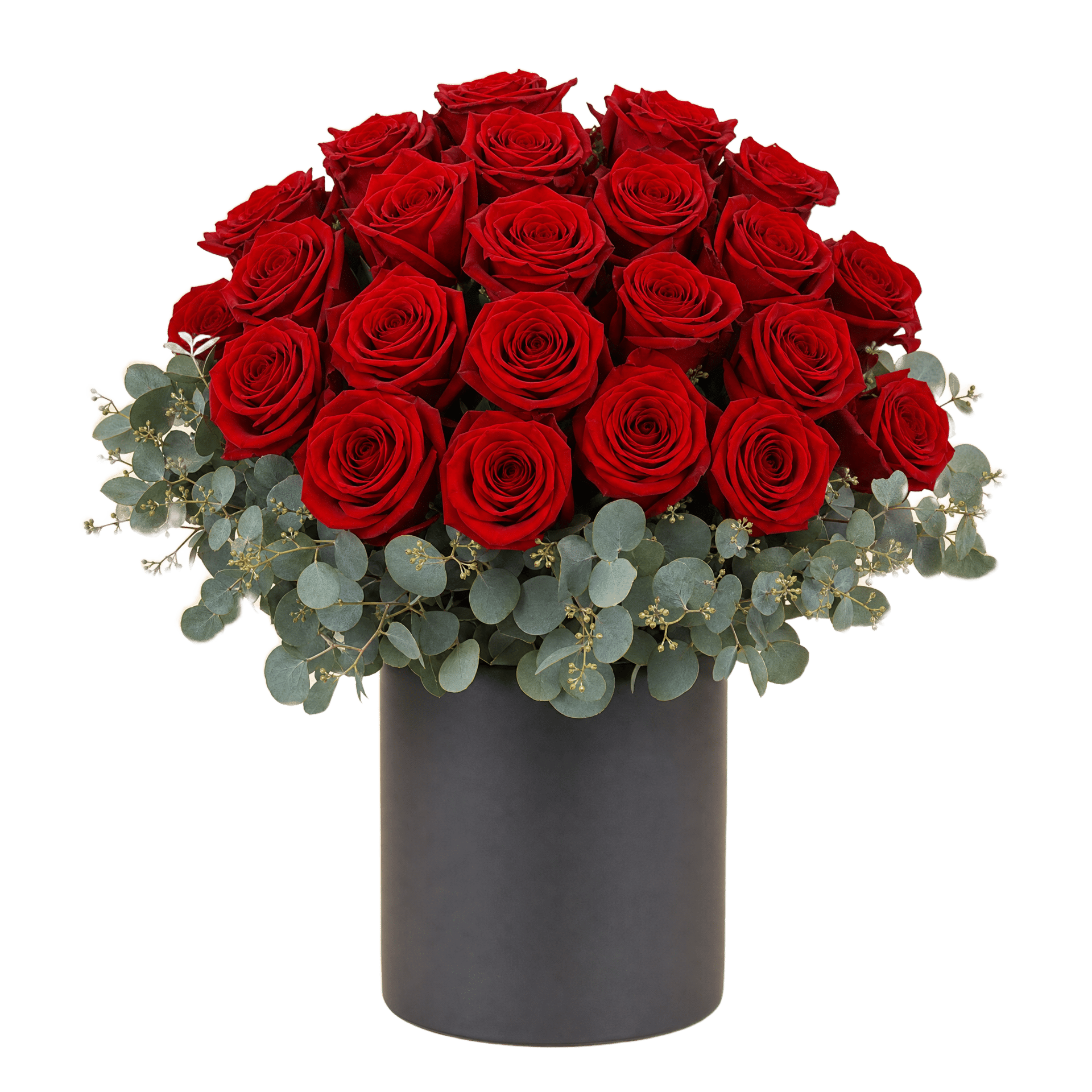 Two dozen deep red roses with seeded eucalyptus in a charcoal ceramic vase