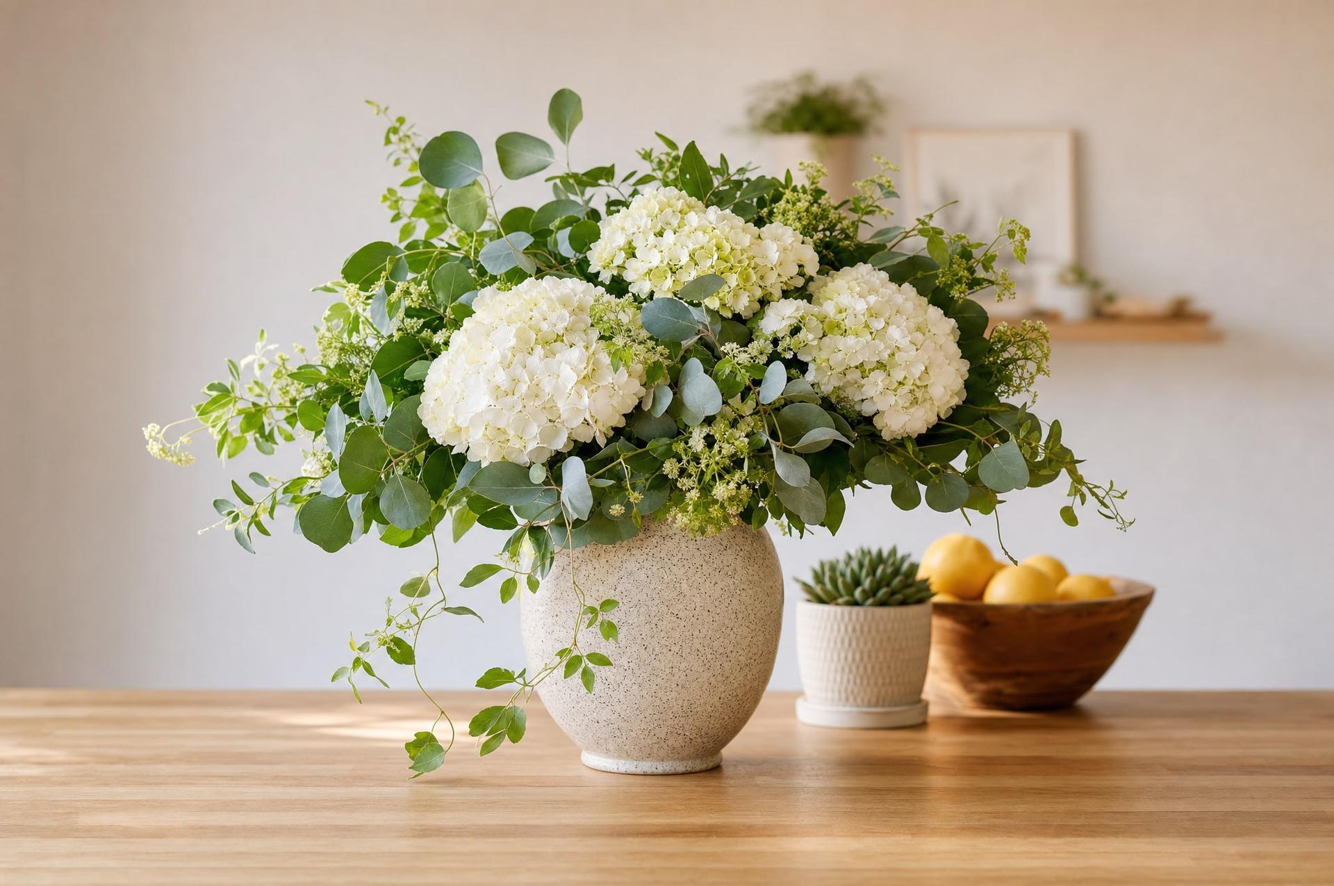 White hydrangea and eucalyptus housewarming arrangement on a kitchen counter