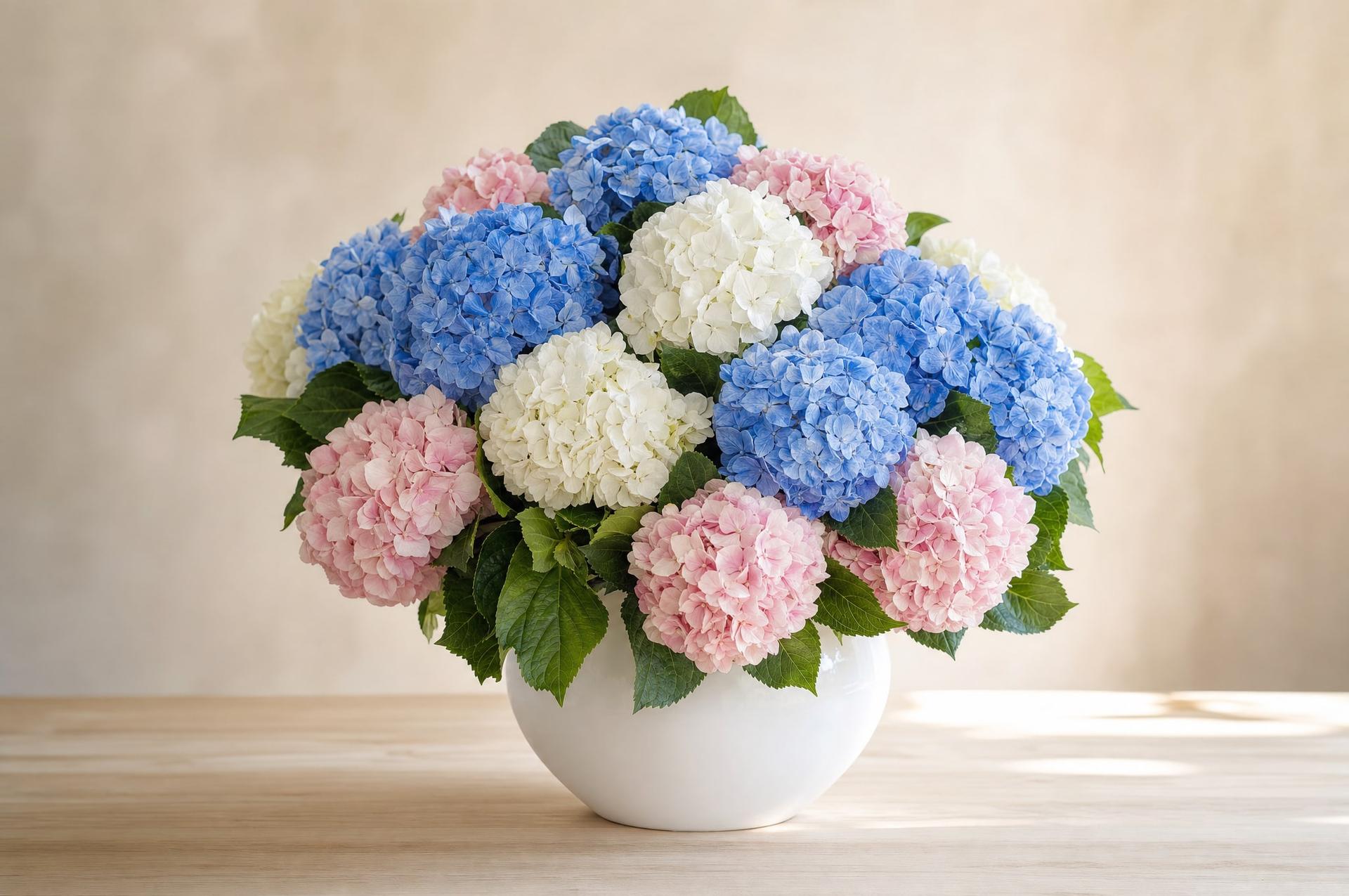 Blue, white and pink hydrangea arrangement in a round white ceramic vase