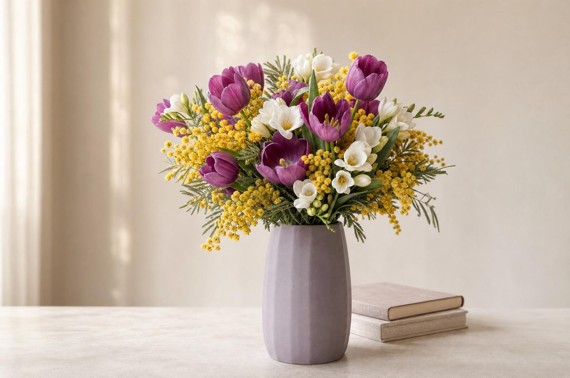Purple tulips, yellow mimosa and white freesia bouquet for International Women's Day