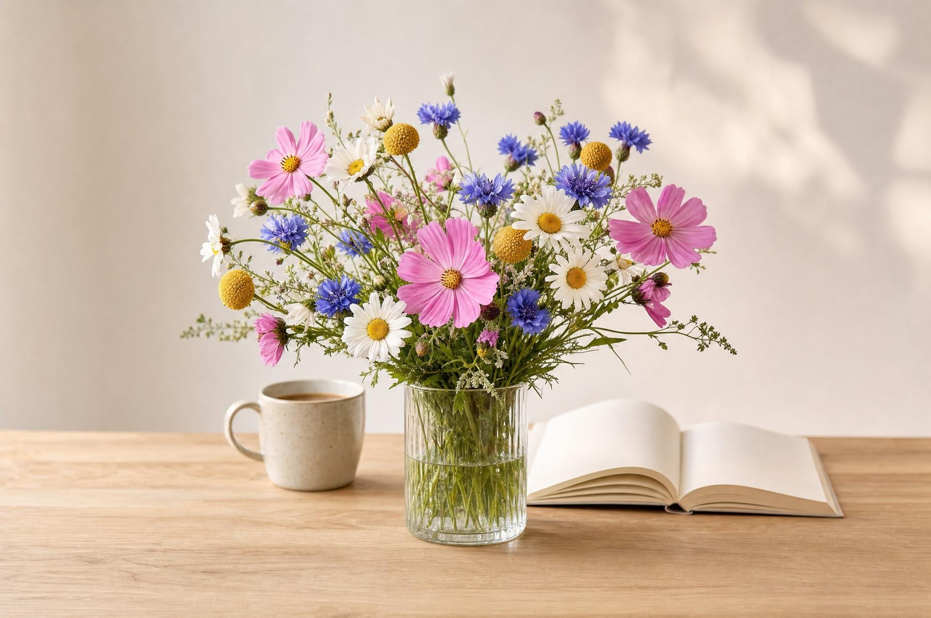 Casual daisy, cornflower and cosmos bouquet in a glass tumbler beside a coffee mug and open book