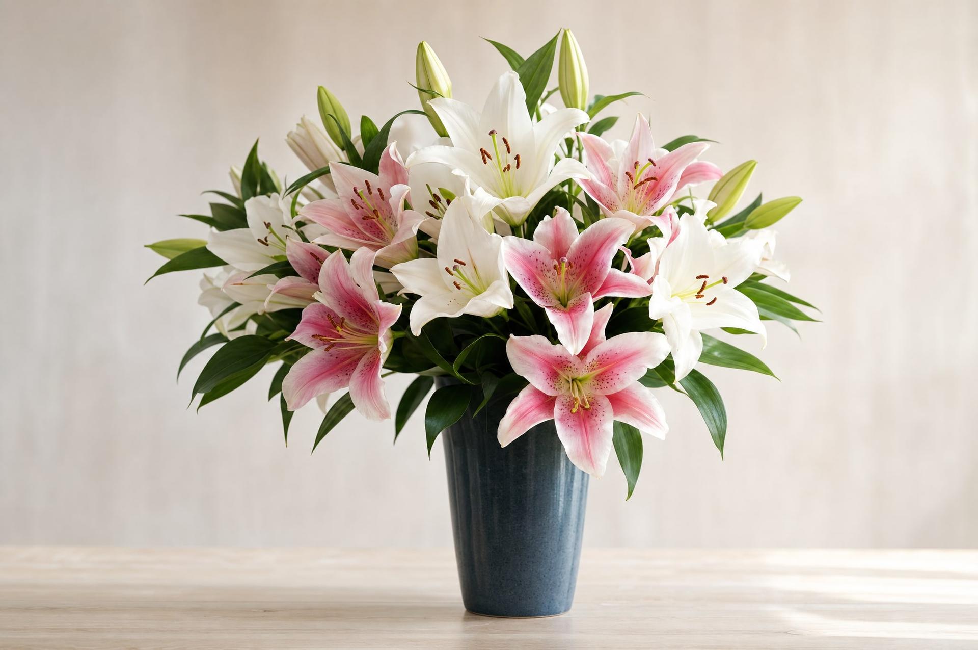 White and pink oriental lilies in a tall blue ceramic vase