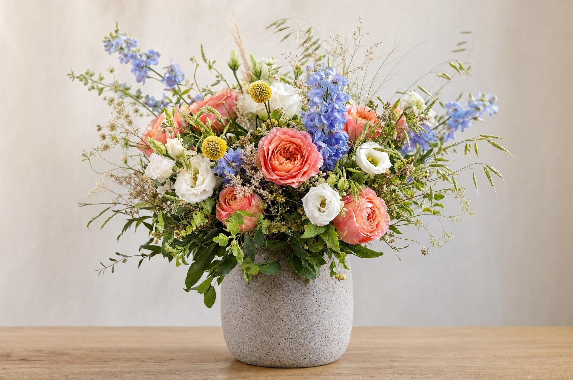 Designer mixed bouquet of coral garden roses, blue delphinium, lisianthus and craspedia in a stoneware vase