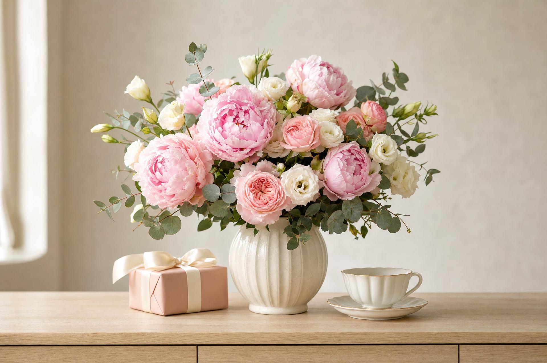 Blush peony and garden rose bouquet in a cream vase with a wrapped gift and teacup for Mother's Day