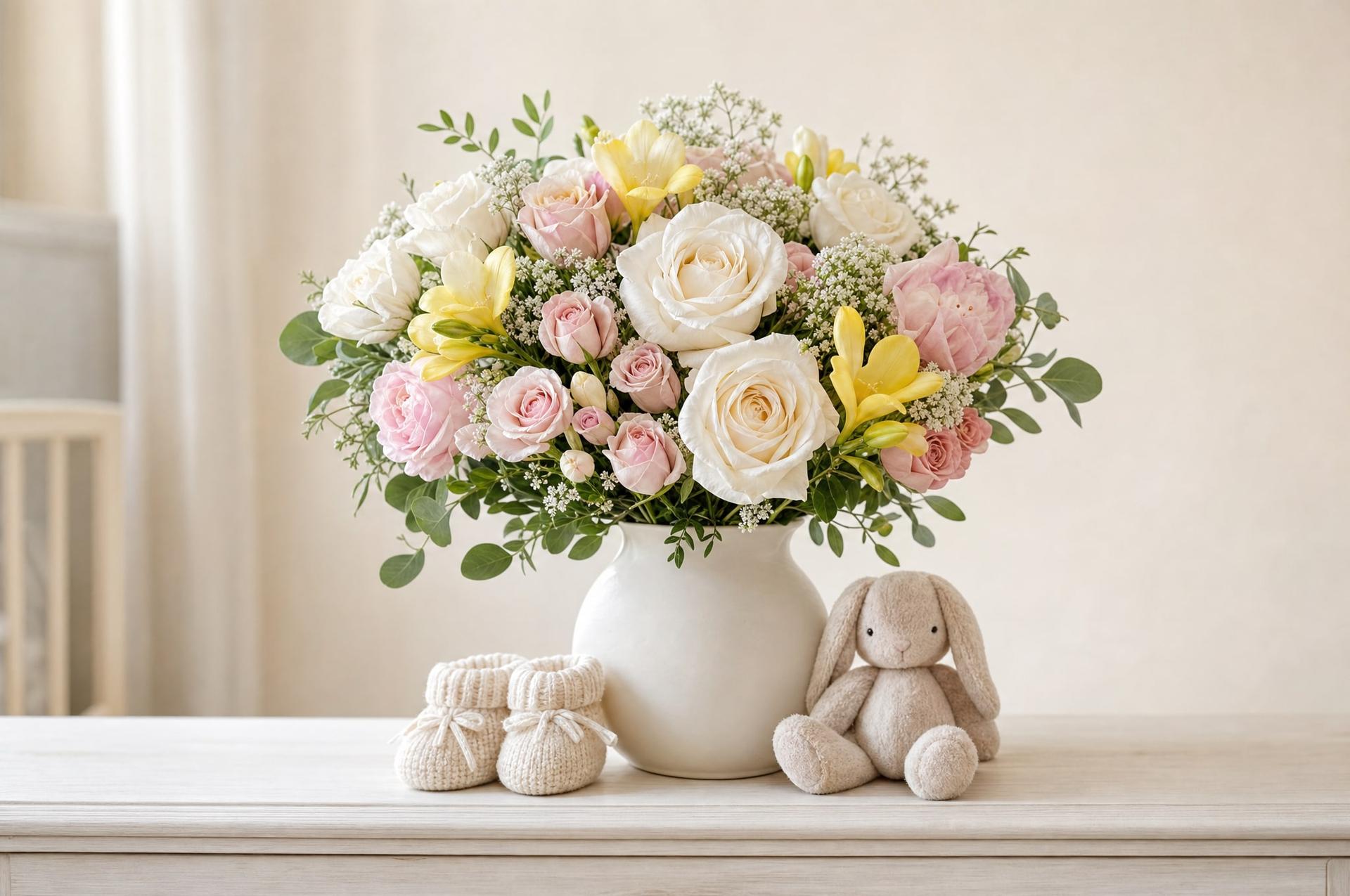 Pastel new baby bouquet of white and pink roses with knitted booties and a plush bunny
