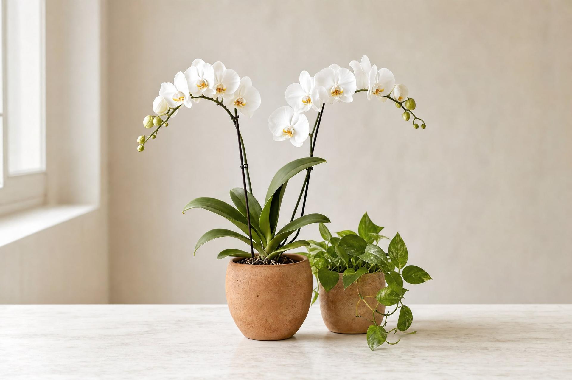 Potted white phalaenopsis orchid and a trailing pothos plant in terracotta pots by a window