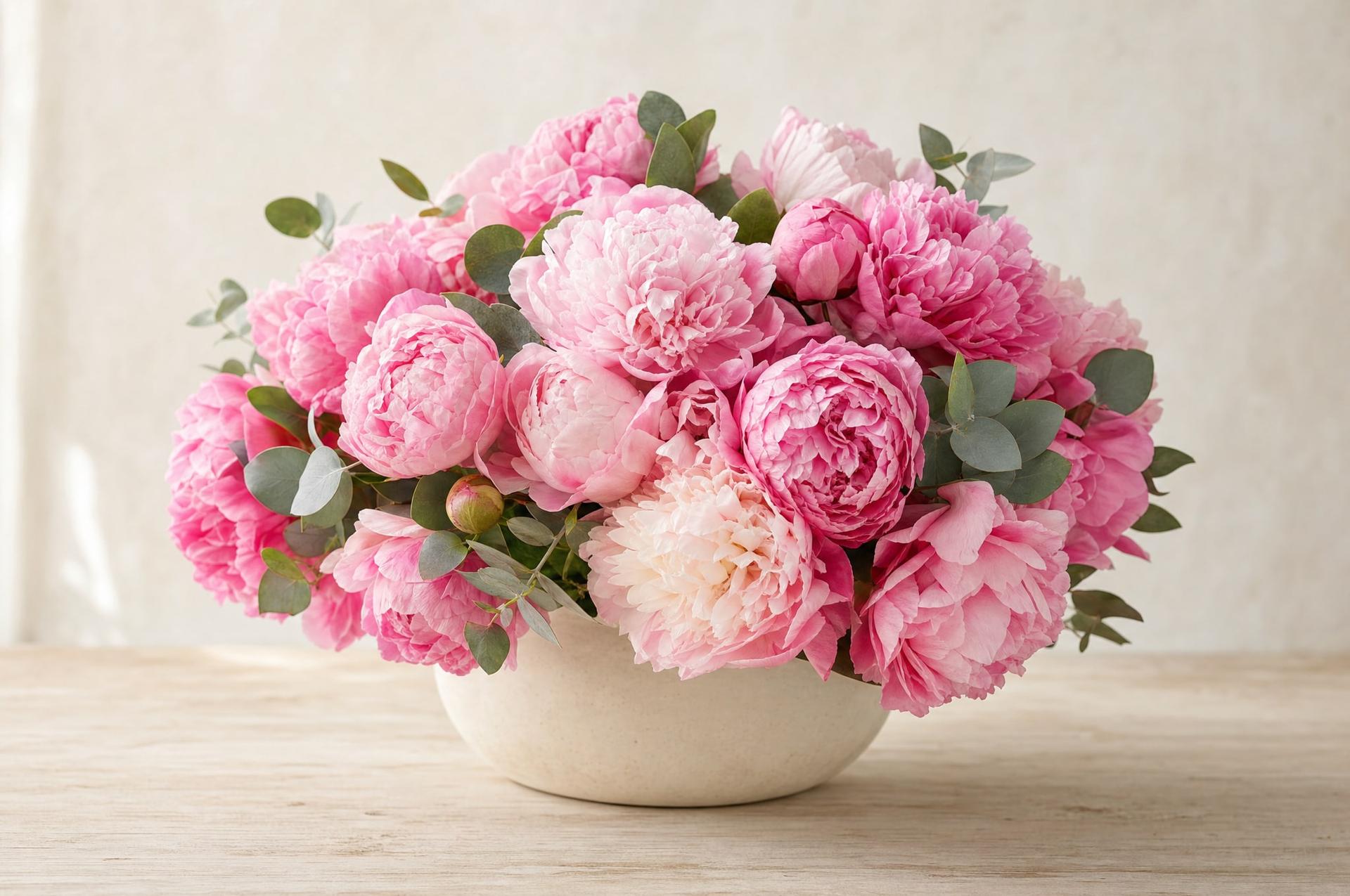 Lush pink peony arrangement in a cream ceramic bowl vase