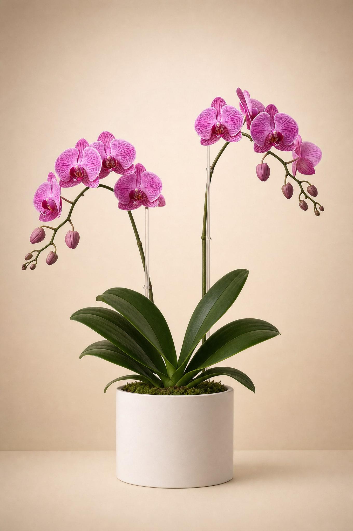 Pink Phalaenopsis orchid with magenta-veined blooms on two arching spikes in a white pot