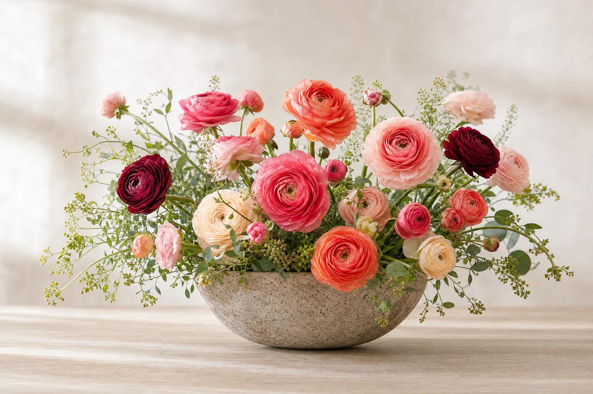 Coral, pink, peach and burgundy ranunculus in a speckled stone bowl